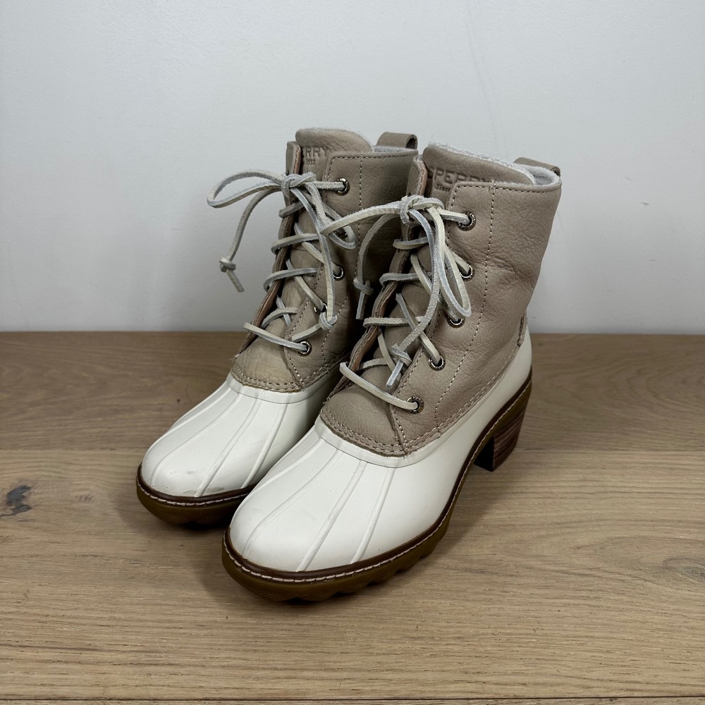 Sperry Saltwater Boots Women 6.5 Tan Leather White Duck Ankle Block Heel Lace Up